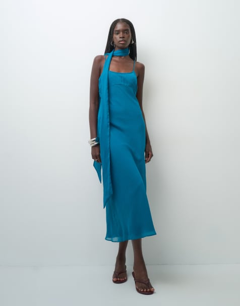 ASOS DESIGN slip midiklänning med scarf i teal - view 1