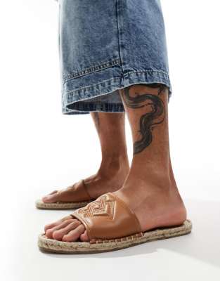 Asos Design Slip On Espadrilles In Tan Monogram-brown