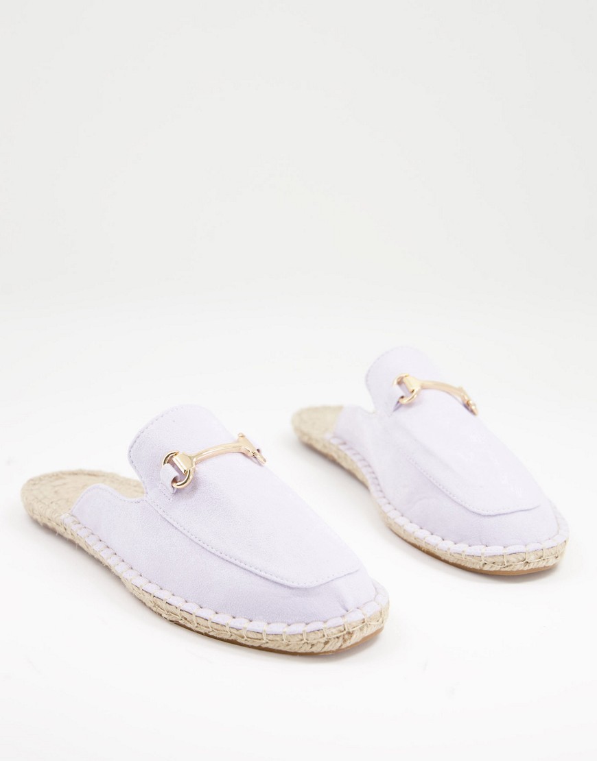 ASOS DESIGN slip on mule espadrilles in lilac faux suede with snaffle-Purple
