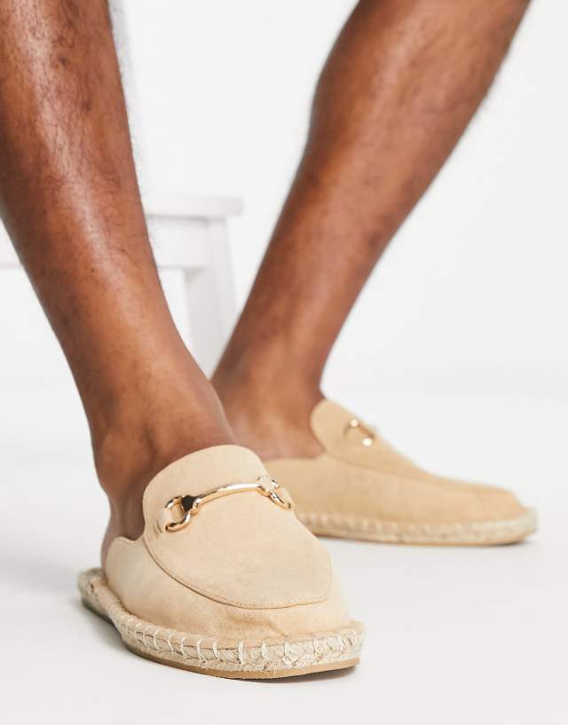 ASOS DESIGN slip on mule espadrilles in stone faux suede with snaffle