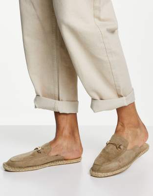 ASOS DESIGN slip on mule espadrilles in stone faux suede with snaffle-Neutral