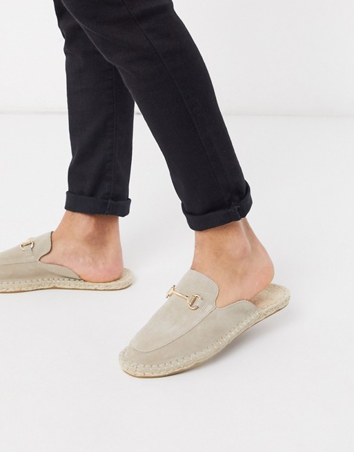 ASOS DESIGN slip on mule espadrilles in stone suede with snaffle