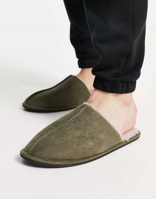 ASOS DESIGN slip on slippers in khaki with beige faux fur lining