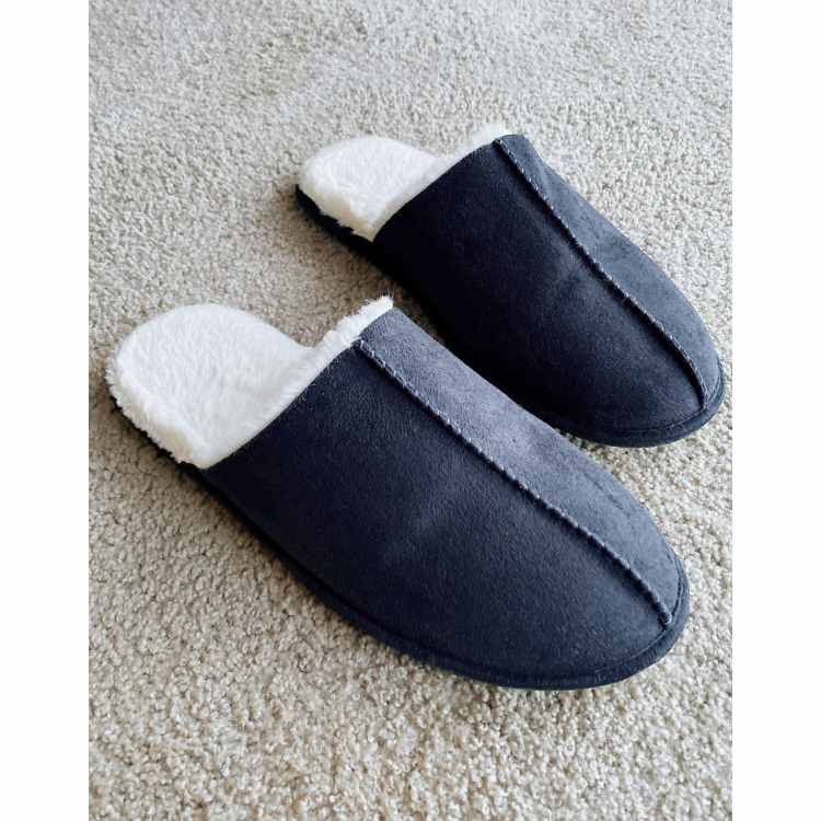 ASOS DESIGN slip on slippers in navy with cream faux fur lining