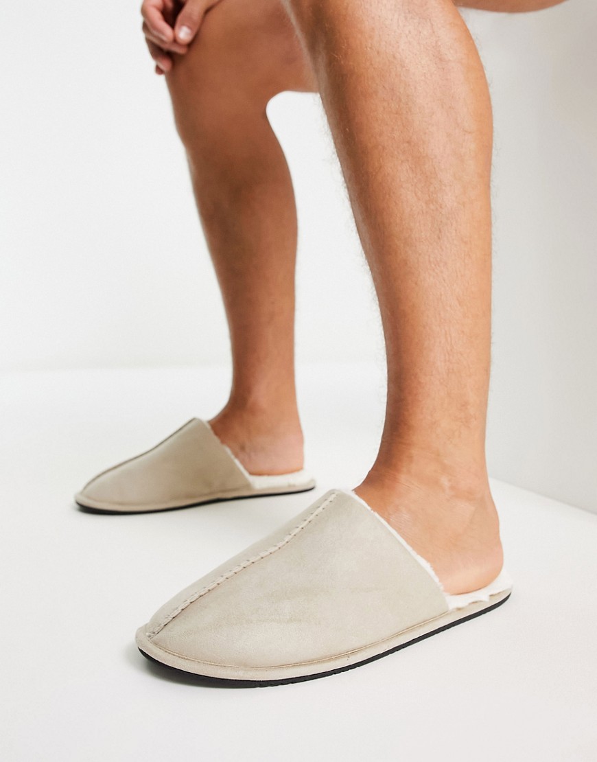 ASOS DESIGN slip on slippers in stone with cream faux fur lining-Neutral