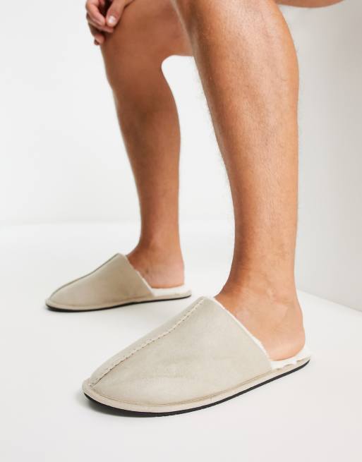 ASOS slip on slippers in stone with cream faux fur | ASOS