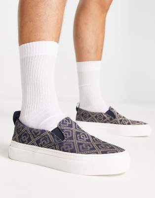 Asos Design Slip-on Sneakers With Baroque Print-navy