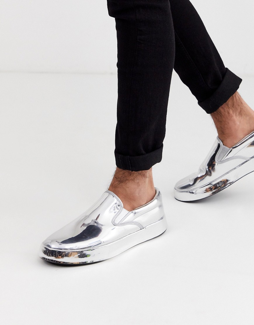 ASOS DESIGN slip on trainers in metallic mirror silver
