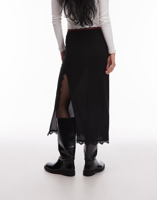 ASOS DESIGN - Slip-rok van halfdoorschijnend mesh met kanten rand in zwart, 4 van 5