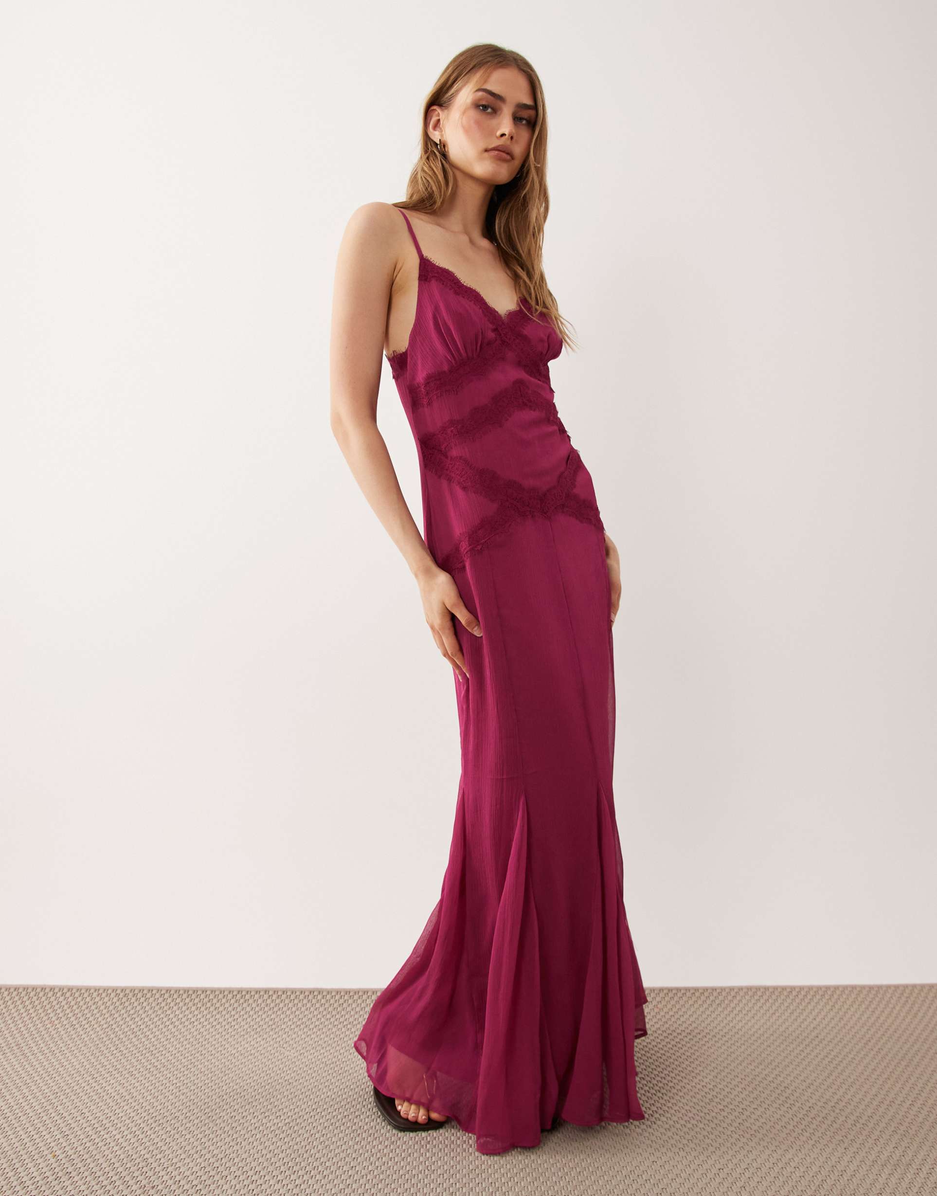 asos design slip shift lace trim midi dress with godets in berry