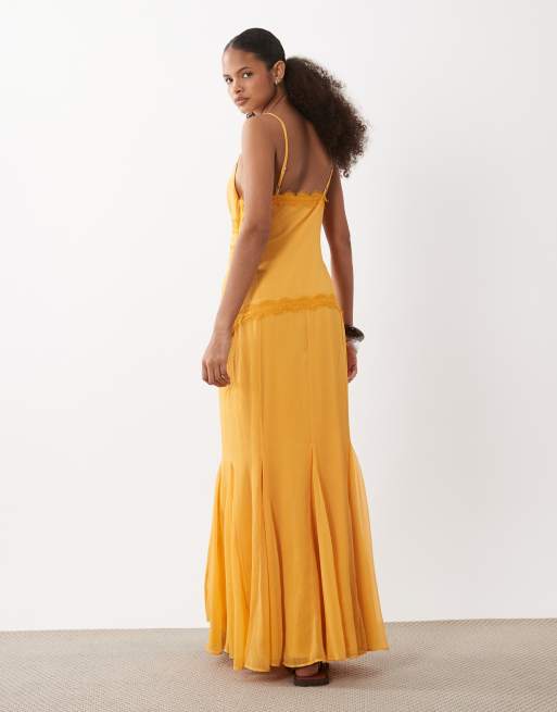 ASOS DESIGN slip shift lace trim midi dress with godets in soft orange, 3 of 4
