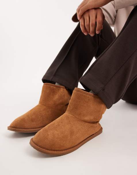 ASOS DESIGN slipper boots in tan with faux fur lining - view 1