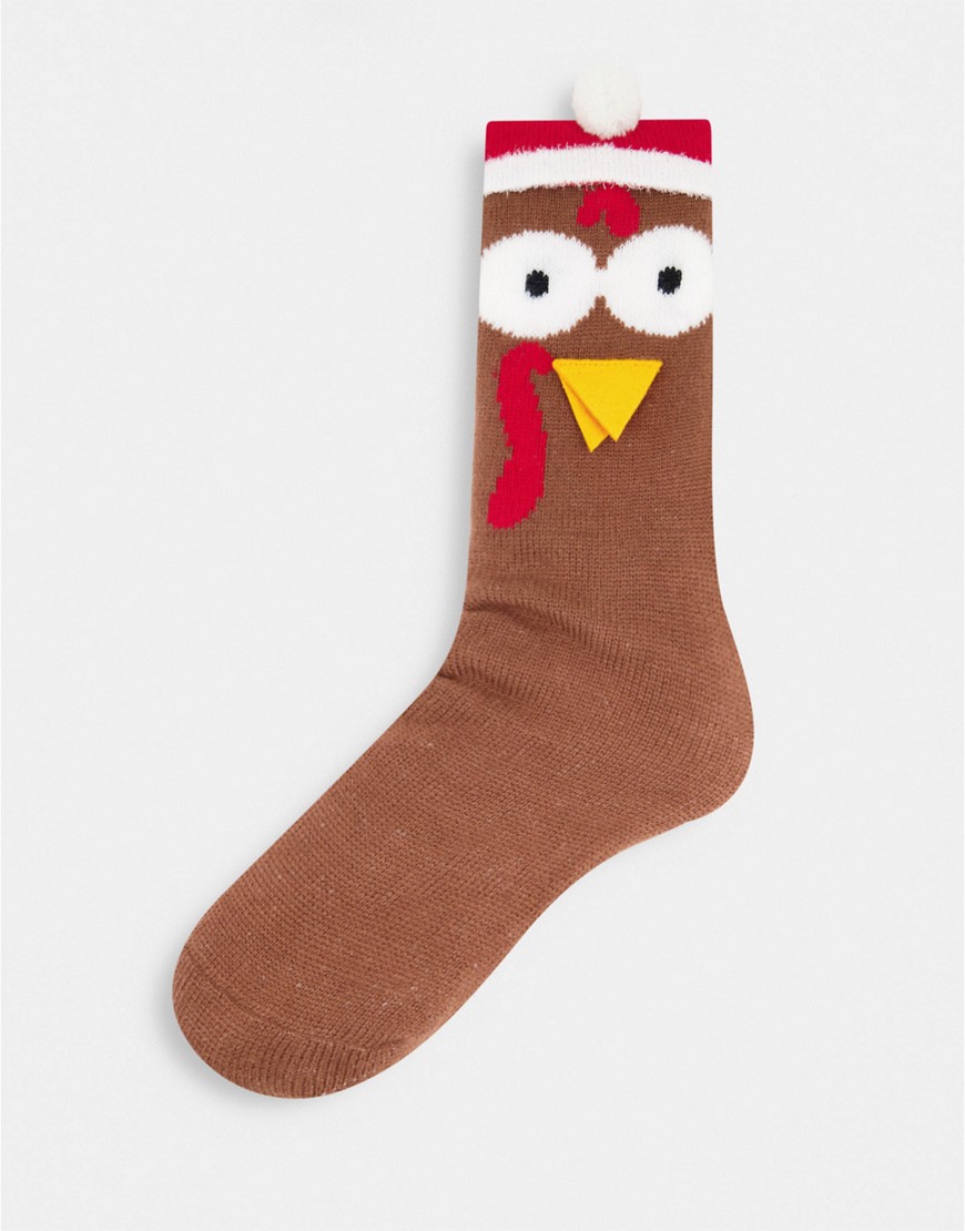 ASOS DESIGN Slipper sock with 3D turkey design-Brown