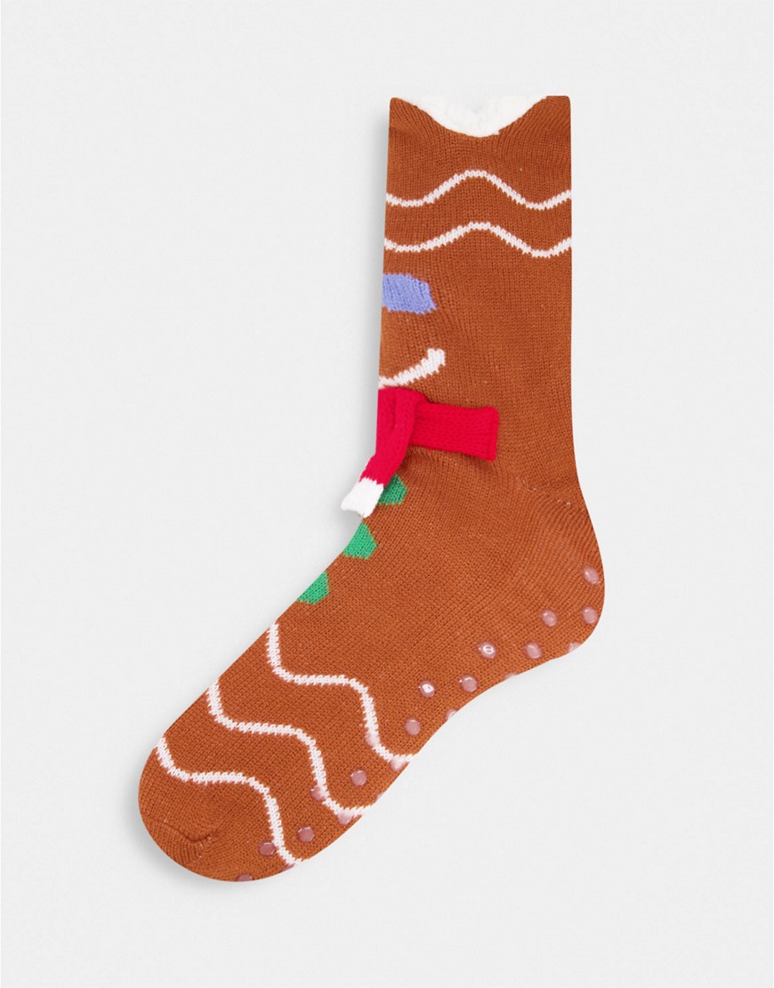 ASOS DESIGN Slipper sock with gingerbread design-Brown