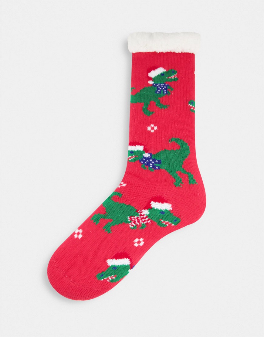 ASOS DESIGN Slipper sock with xmas dinosaurs-Red