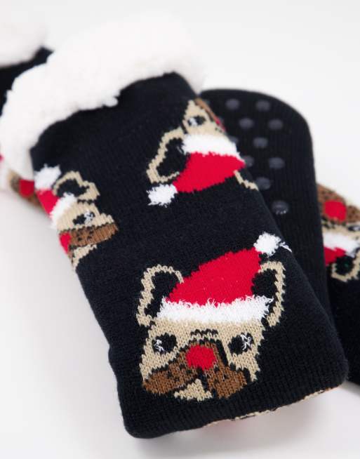 ASOS DESIGN Slipper sock with xmas pugs