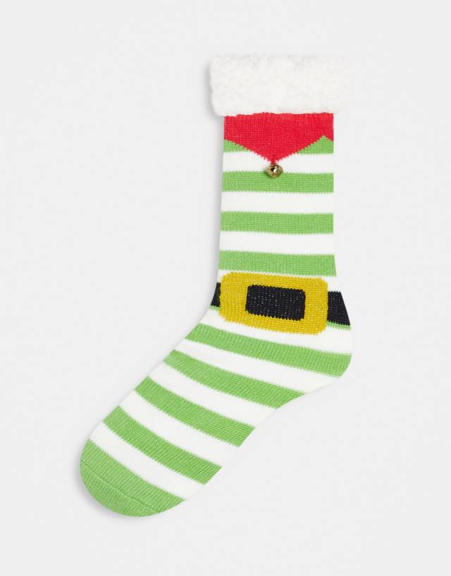 ASOS DESIGN slipper socks in green and white stripe with Christmas detail