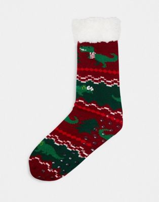 ASOS DESIGN slipper socks in red with Christmas dinosaurs