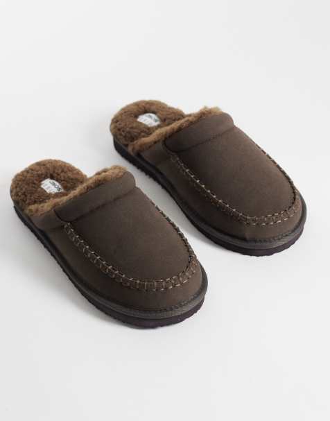 ASOS DESIGN slippers i chokladbrun mockaimitation med grov sula - view 1