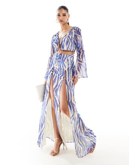ASOS DESIGN slit front button detail maxi skirt in blue zebra print - part of a set