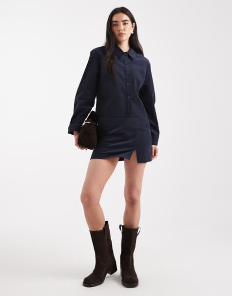 ASOS DESIGN slit front corduroy mini skirt in navy - part of a set - view 1