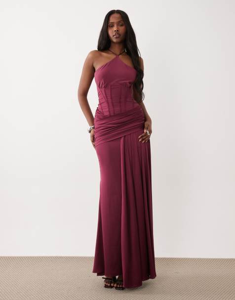 ASOS DESIGN – Śliwkowa gorsetowa sukienka maxi premium o kroju syrenki z dekoltem halter i drapowaniem - view 1