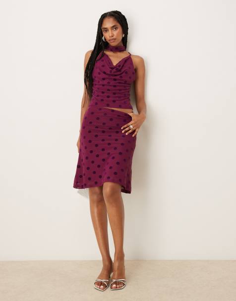 ASOS DESIGN spot flocked mesh awkward length skirt co ord in plum