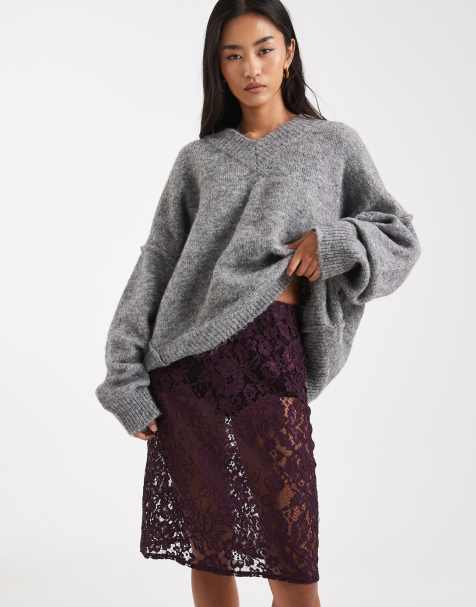 ASOS DESIGN sheer lace knee length skirt in plum