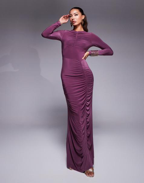 ASOS DESIGN – Śliwkowa sukienka maxi z długimi rękawami i ozdobnymi szwami - view 1