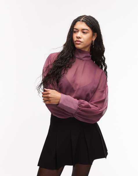 ASOS DESIGN chiffon funnel neck volume sleeve blouse in plum