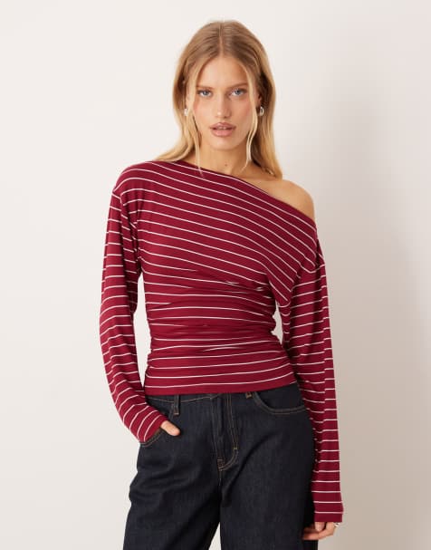 ASOS DESIGN – Śliwkowy asymetryczny top ze zbieraną talią i długimi rękawami - view 1