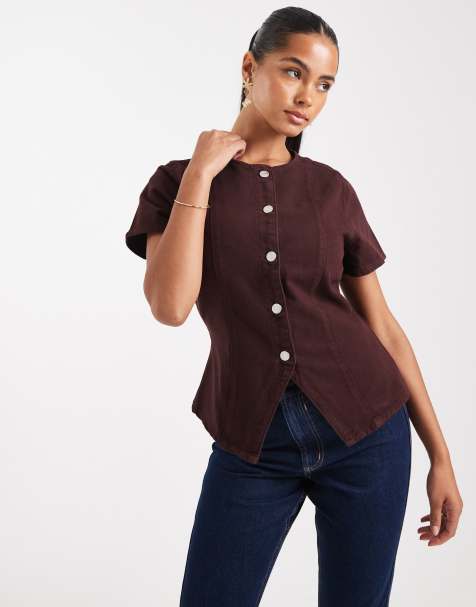 ASOS DESIGN denim button up short sleeve top in plum