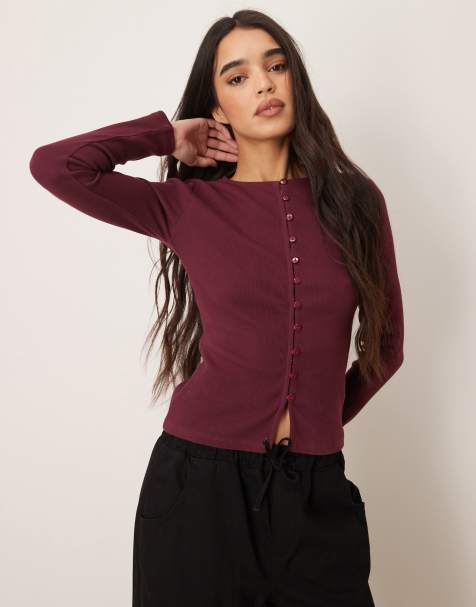 ASOS DESIGN – Śliwkowy kardigan z prążkowanej dzianiny zapinany na guziki - view 1
