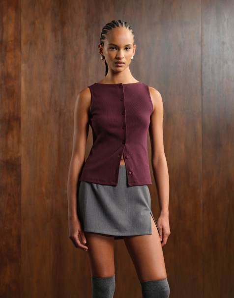 ASOS DESIGN wide neck ribbed button through tank top in plum