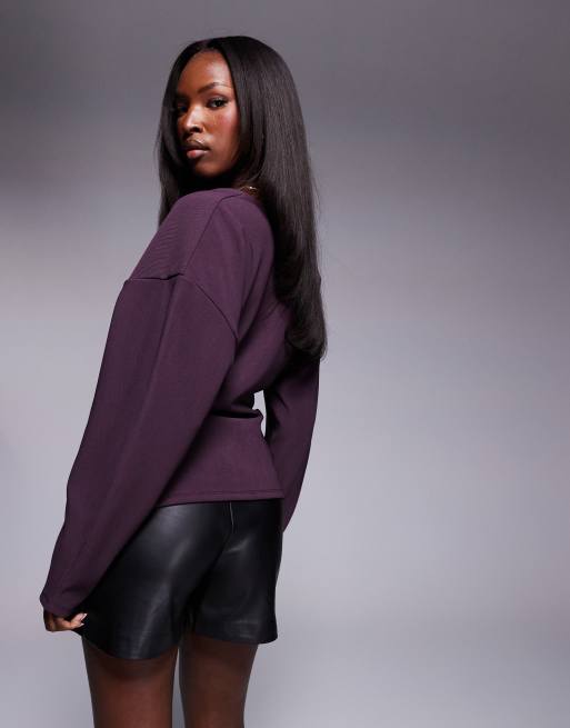 ASOS DESIGN – Śliwkowy prążkowany top z balonowymi rękawami, 4 z 4