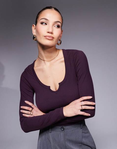 ASOS DESIGN long sleeve ribbed top with notch detail in plum