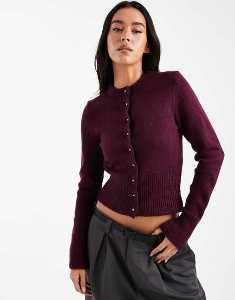 ASOS DESIGN fluffy neat fit knitted cardigan in plum