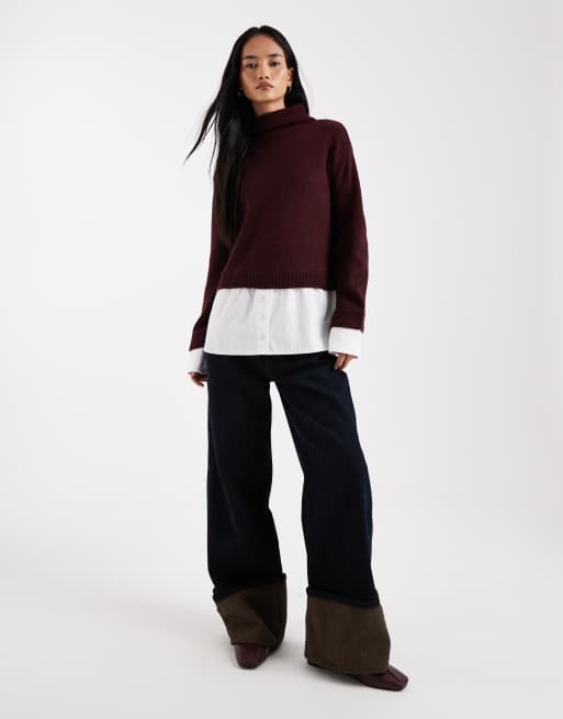 ASOS DESIGN – Śliwkowy sweter 2 w 1 z koszulową wstawką, 2 z 4
