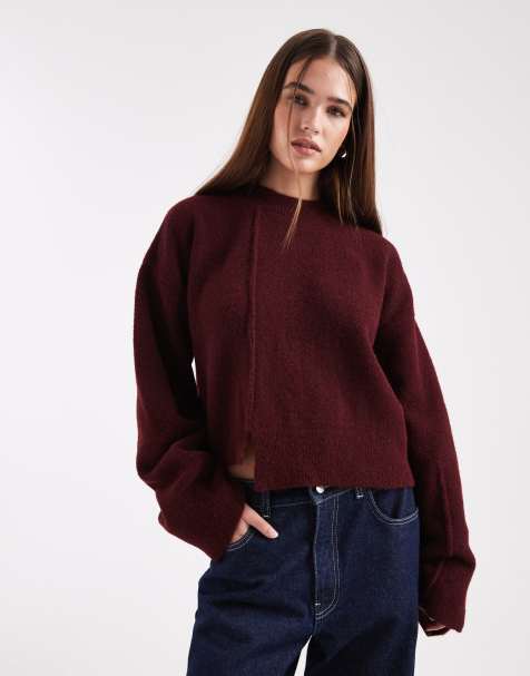 ASOS DESIGN – Śliwkowy sweter z okrągłym dekoltem, ozdobnymi szwami z przodu i obniżonym dołem - view 1