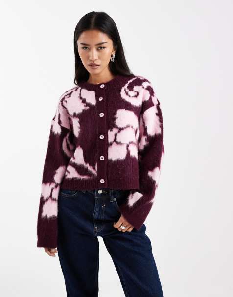 ASOS DESIGN – Śliwkowy szczotkowany kardigan w kwiatowy wzór - view 1