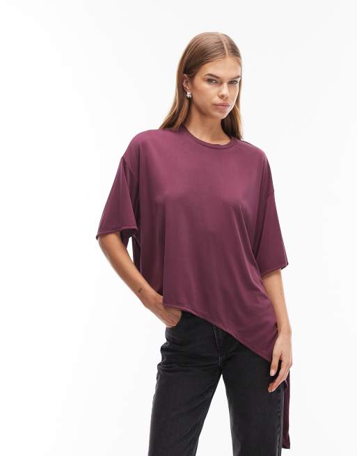ASOS DESIGN – Śliwkowy T-shirt o wydłużonym fasonie z długim drapowaniem z przodu
