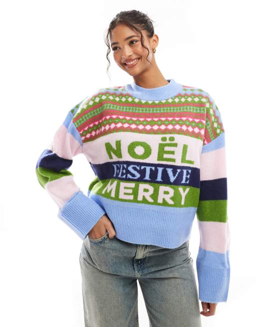 ASOS DESIGN slogan christmas sweater in multi stripe