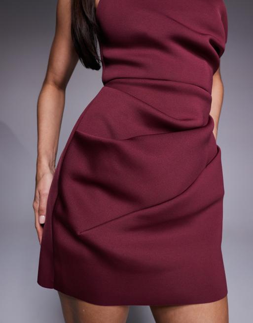 ASOS DESIGN slouch neckline cinched waist mini dress in plum scuba-style fabric, 2 of 4