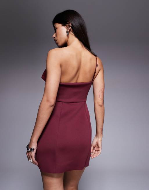 ASOS DESIGN slouch neckline cinched waist mini dress in plum scuba-style fabric, 3 of 4