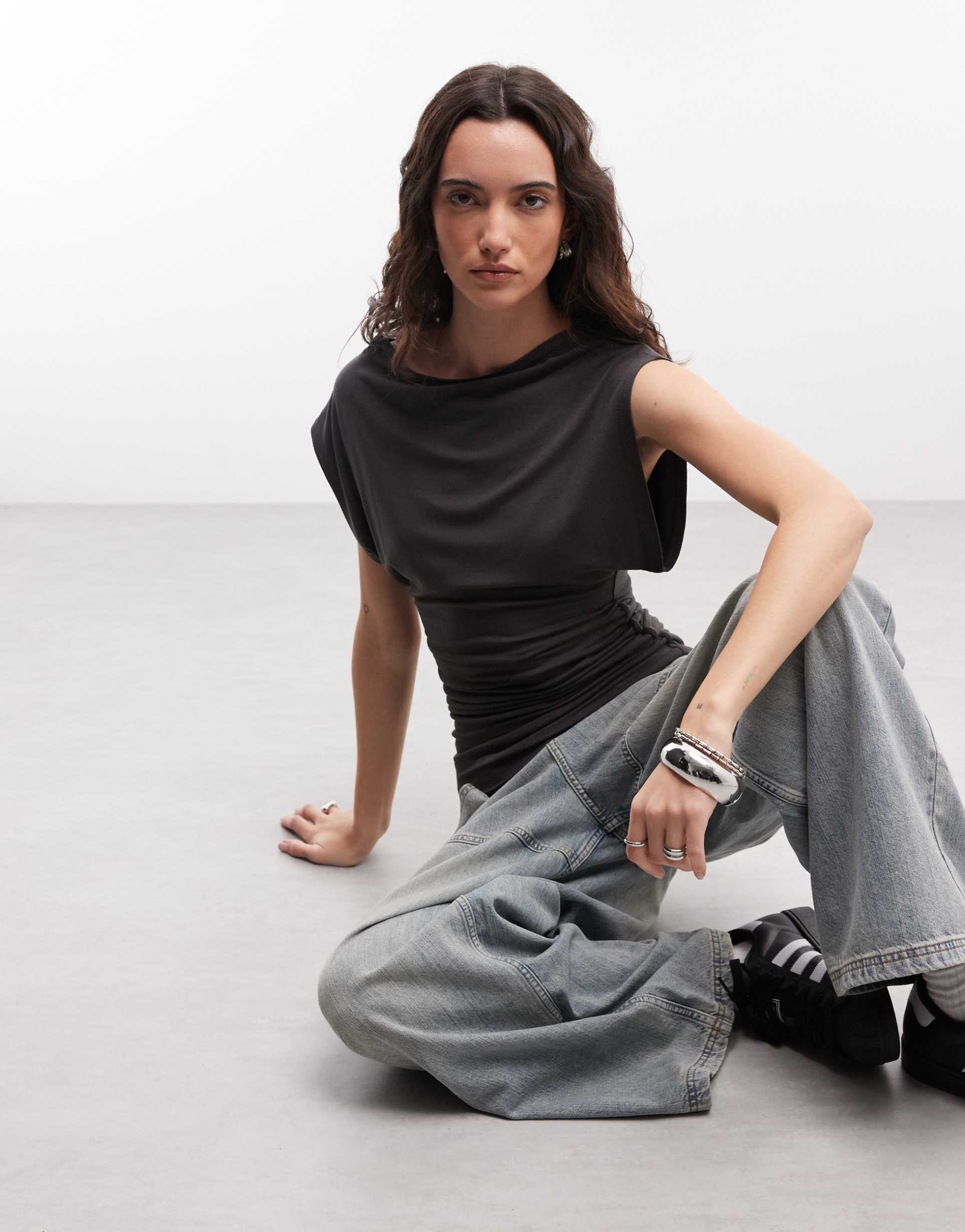 asos design slouch relaxed neck ruched waist tank top in black