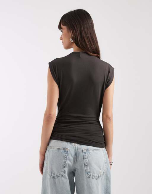 ASOS DESIGN slouch relaxed neck ruched waist tank top in charcoal, 4 of 4