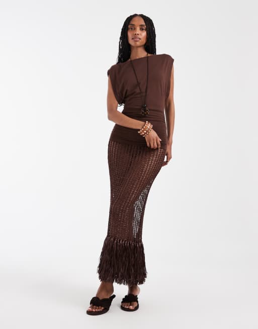 ASOS DESIGN slouch relaxed neck ruched waist tank top in chocolate, 3 of 4