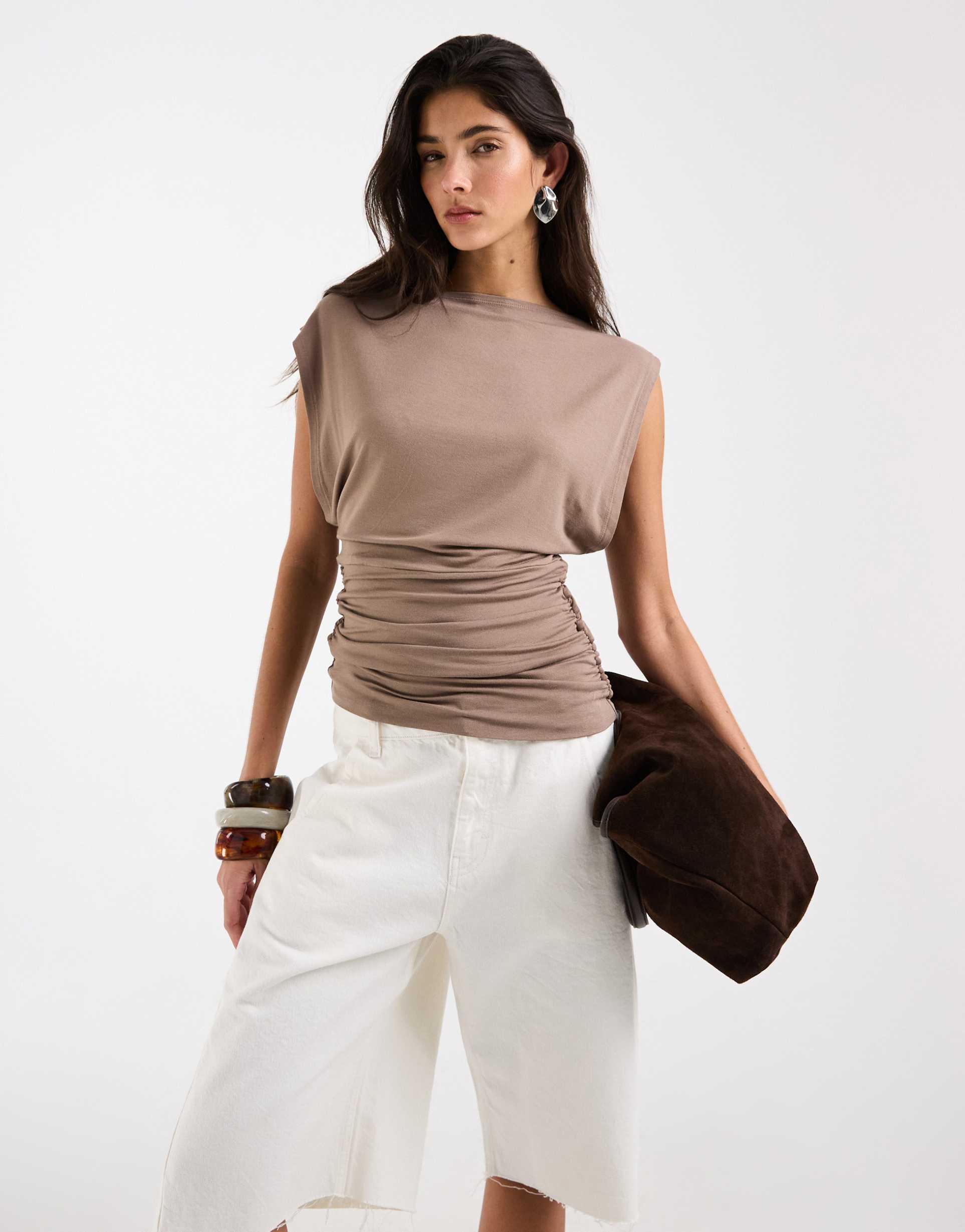 asos design slouch relaxed neck ruched waist tank top in stone