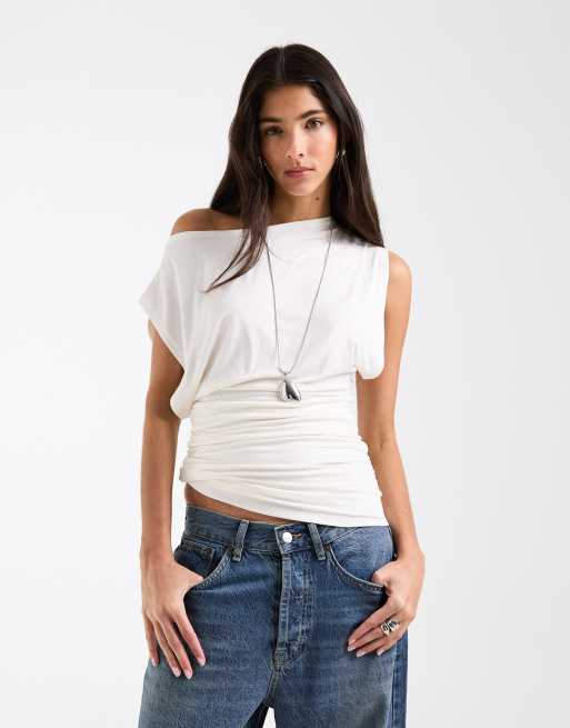 ASOS DESIGN slouch relaxed neck ruched waist tank top in white, 2 of 4