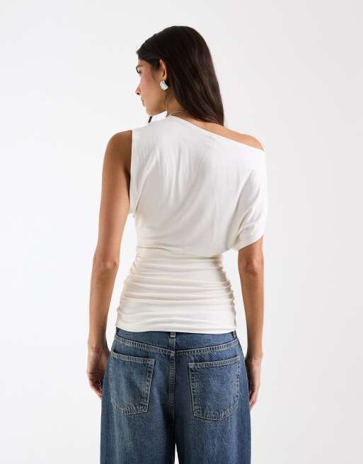 ASOS DESIGN slouch relaxed neck ruched waist tank top in white, 4 of 4
